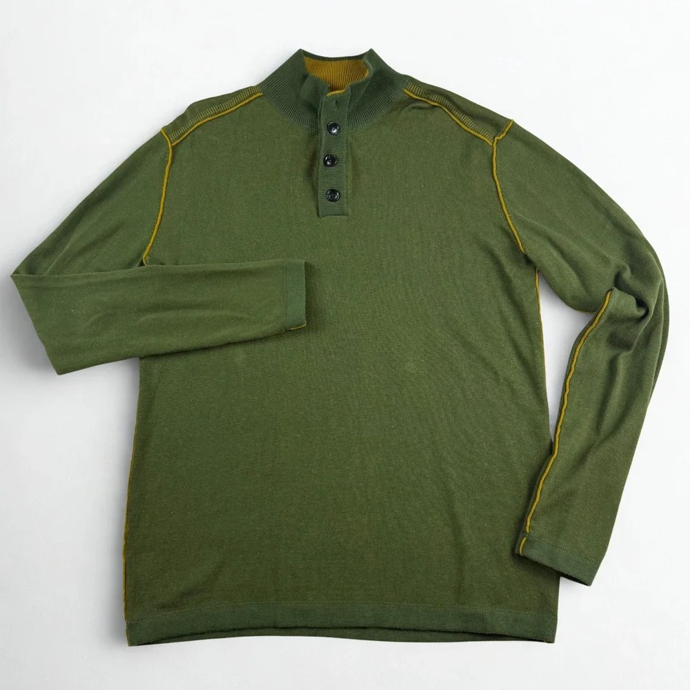Sundance Henley Sweater Mens Large Green 100% Cotton‎ Mock Neck Long Sleeve Knit